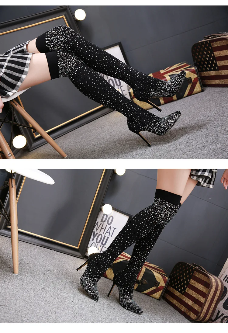 New Winter Knee Boots Sexy Fashion Warm Shiny Rhinestone Stretch Knee High Heel Women's Boots Winter Shoes ZL-139-21