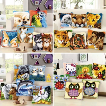 

HOT Latch Hook Cushion Kits Gift DIY Needlework Crocheting Throw Pillow Unfinished Yarn Embroidery Set Pillowcase Animals