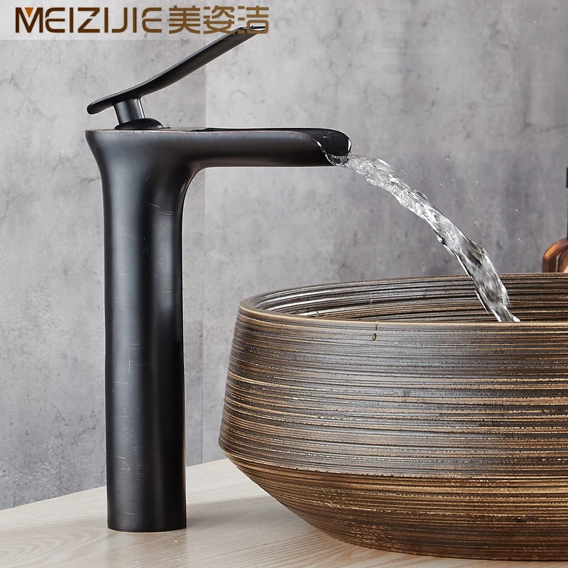 Basin Faucets Black Copper Waterfall Bathroom Sink Faucet Duck Mounted