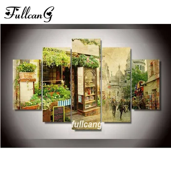

FULLCANG diy 5 pcs diamond painting flower shop full square diamond embroidery pattern 5D diamond mosaic cross stitch F1096