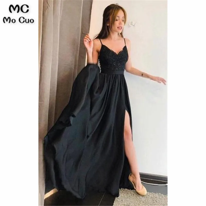 Black A-line Long Prom Dress with Slit School Dance Dress Fashion Winter Formal Dress