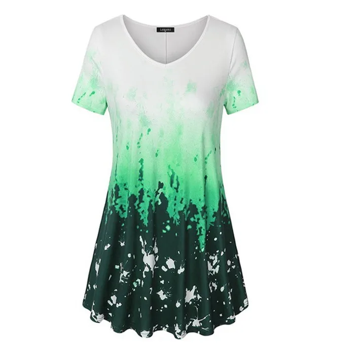 Large Sizes New Summer Tops Fashion Women Sweet Short Sleeve V-Neck Print Casual T Shirt Plus Size Ladies T Shirt Top 5XL - Цвет: Green