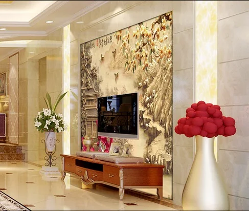 

Customized wallpaper mural Chinese style 3D natural scenery with jade carving behind sofa as background in living room