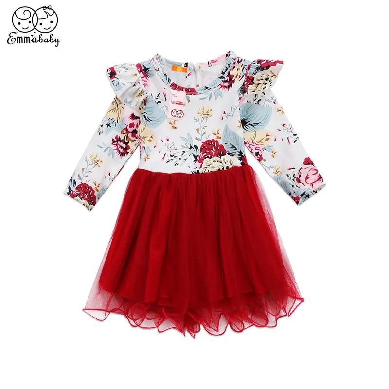 

Toddler Lovely Newborn Baby Girls Dress Floral Printed Long Sleeve Ruffles Bowknot Flutter Tulle Lace Dress Tutu Clothes Dresses