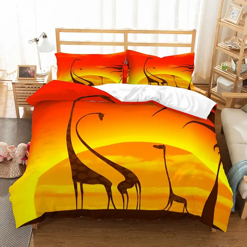 Cartoon Giraffe Family Bedding Set Golden Orange Sunset Bed Linen