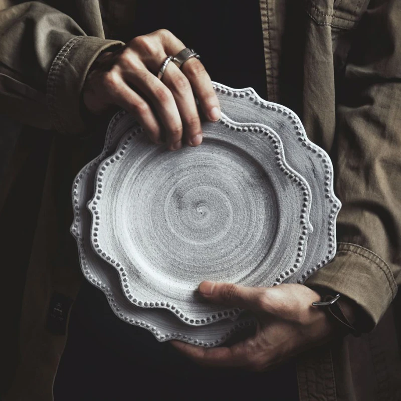 

Japanese Porcelain Food Plates Gray Vintage Steak Plate Kitchen Tableware Dishes Breakfast Dessert Ceramic Dinner Tray Dish