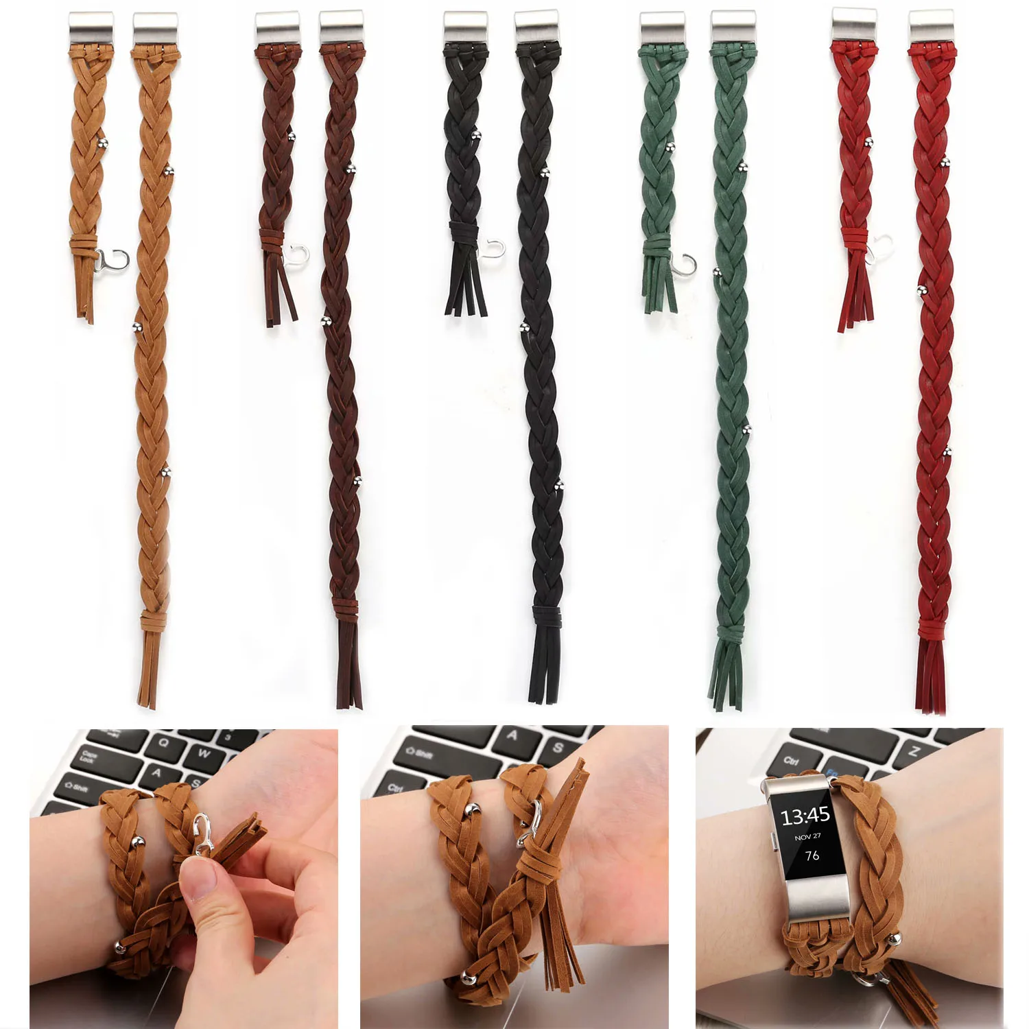 

Retro Genuine Leather Strap for Fitbit Charge 2 Band Vintage Double Tours Bracelet for Charge2 Handmade Woven Belt w Metal Hook