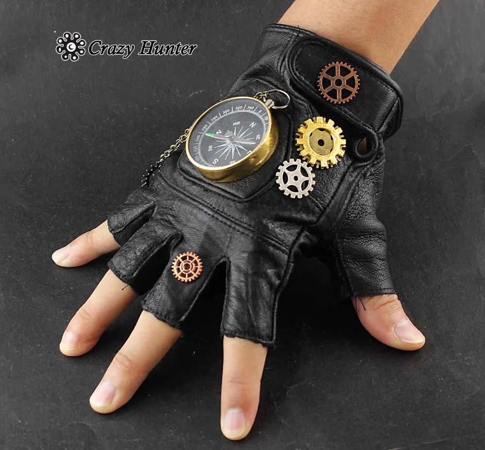 Fingerless Brown Leather Steampunk Gloves Mens Biker Punk Cosplay