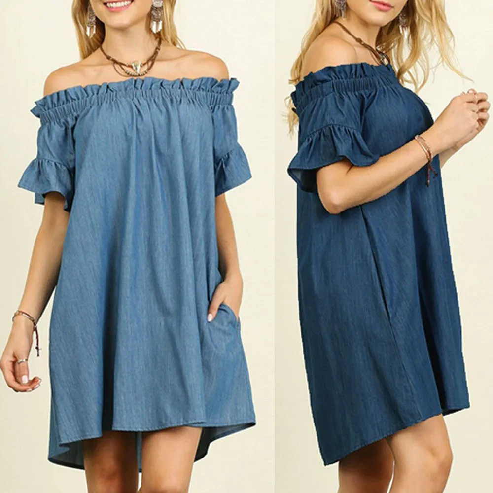 blue denim off the shoulder dress