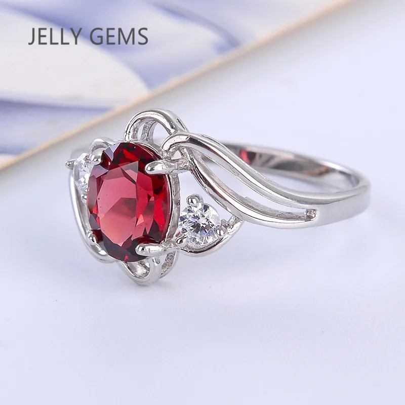 JellyGems Кольцо с натуральным гранатом 925 пробы серебряный винный красный драгоценный камень ювелирных украшений для Для женщин подарок 1.5ct овальный камень 6*8 мм