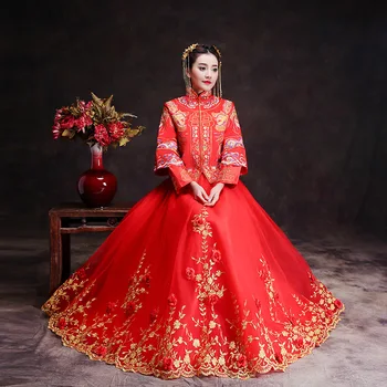 

RED Especial Fashion Chinese bride wedding gown dress Golden cheongsam Suzhou embroidery female golden Spring Autumn Qipao S-3XL