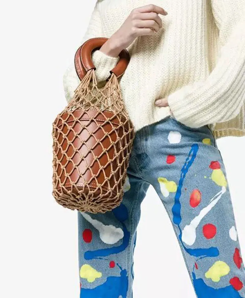

2018 new Luxury Designer hollow out mesh bucket bag women's fashion cotton knot tote bag unique basket ravel Beach Bag Female
