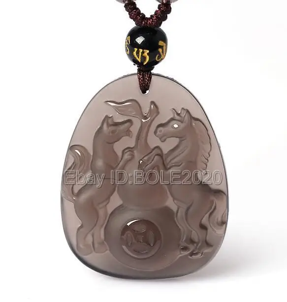 

free shipping Natural Ice Clear Obsidian Carved Dog Horse Lucky Amulet Pendant +Beads Necklace