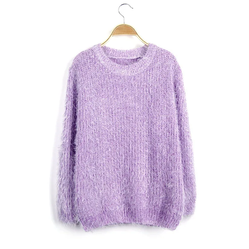 Danjeaner мохеровые пуловеры для женщин, Осень-зима, круглый вырез, длинный рукав, теплые свитера, Классические яркие цвета, одноцветные, Облегающие джемперы, топы - Цвет: purple