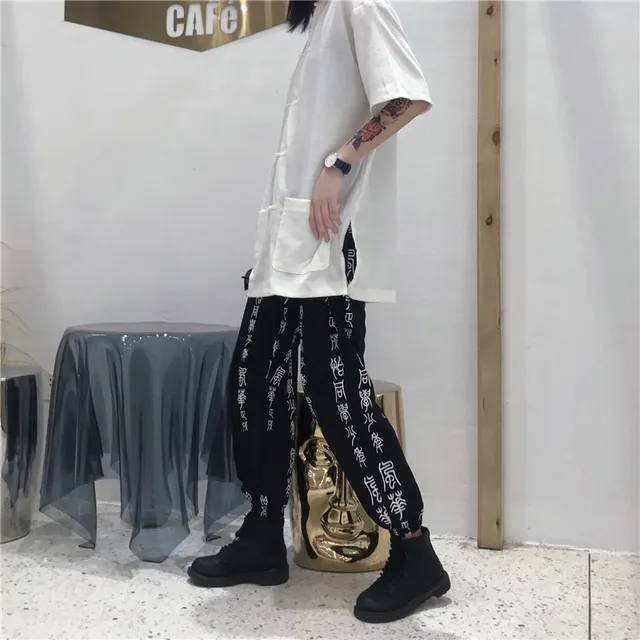 Harajuku Pants Women Elastic Waist Fashion Chinese Characters Printed Loose Calf-Length Pant 5