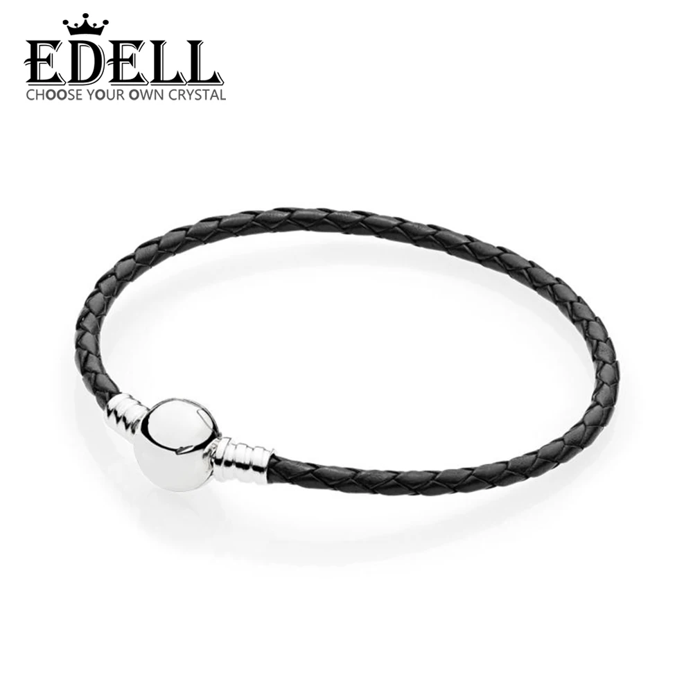 EDELL 100% 925 пробы серебро 590745CBK-S моменты черный тканые кожаный браслет оригинальный Для женщин ювелирные изделия свадебное