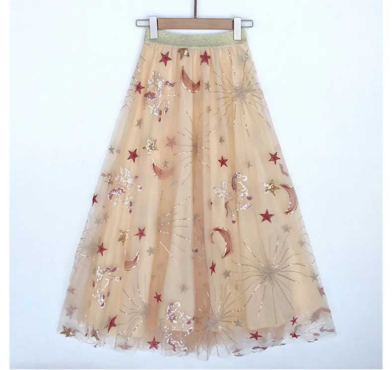 

Chic women's mesh skirts Fashion embroidered moon and stars sequins skirt A183