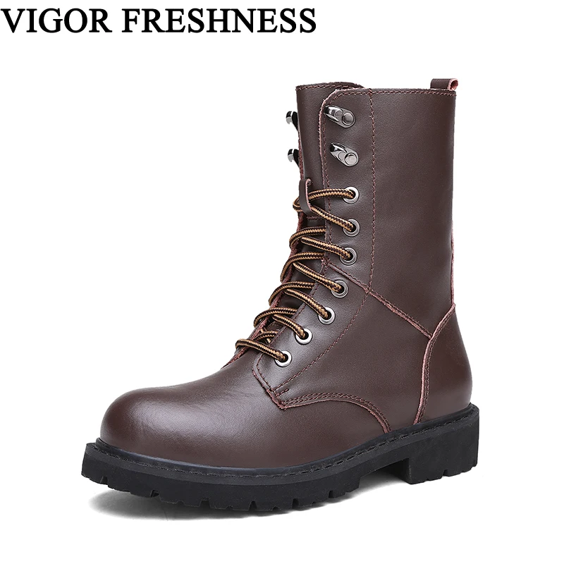 

VIGOR FRESHNESS Woman Shoes Brand Boots Women Split Leather Shoes Mid-Calf Boots Autumn Ladies Flat Motorcycle Boots Couple S58