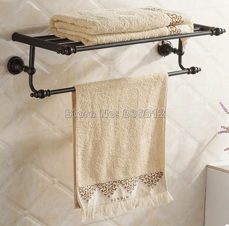 Phụ Kiện phòng tắm Đôi Màu Đen Dầu Cọ Xát Đồ Đồng Đường Sắt Khăn Lưu Trữ Giữ Giá Kệ Bar Treo Tường Wba821