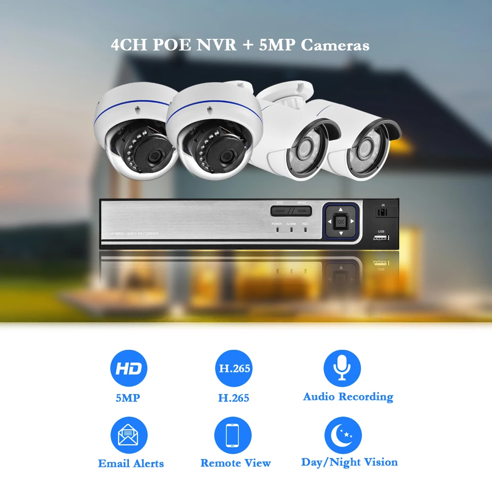 Gadinan 4CH 5MP POE NVR Kit Security Camera System 5.0MP IR Indoor Outdoor CCTV Dome POE IP Camera