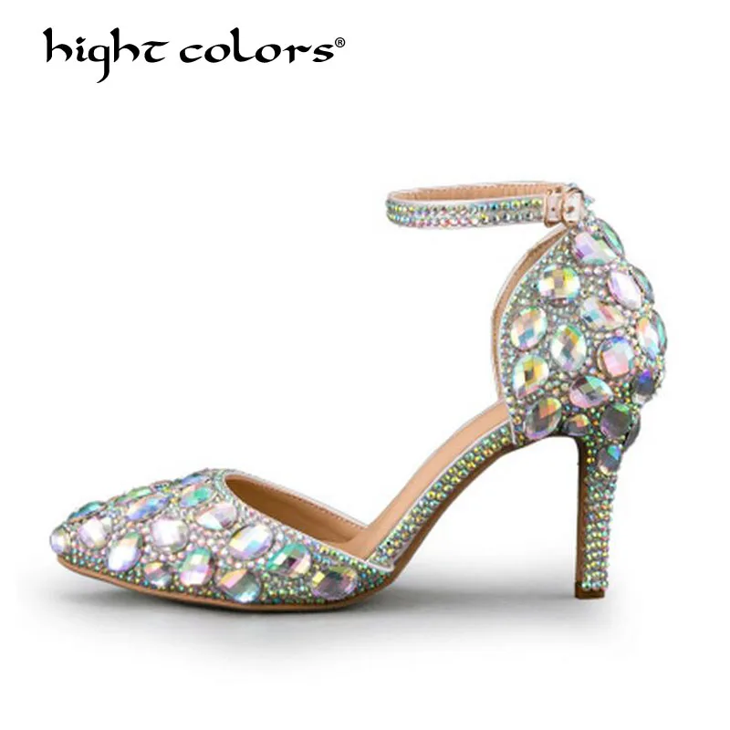 

Ankle Strap Women Pumps Sexy High Heels Shoes Woman Silver Rhinestone Wedding Party Summer Lady Prom Evening Bridal Shoes T-18