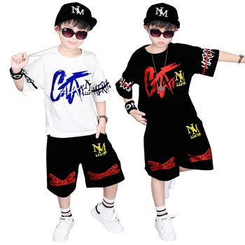 

Big Boy's O-neck Short Sleeve Summer Sets English Letters Print Loose Fit T-shirts+Shorts 2PCS Clothing Sets Hip Hop Dancer Sets