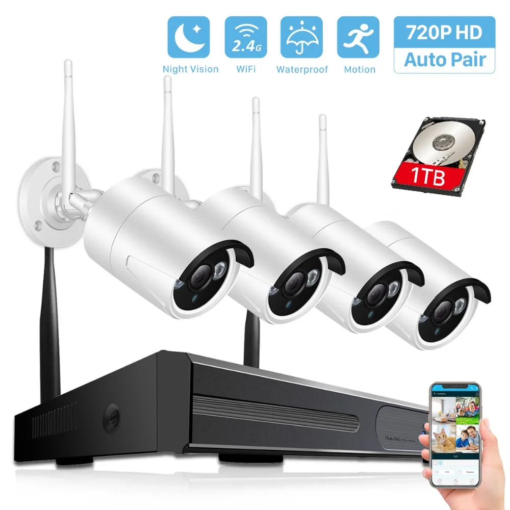 4CH Wireless CCTV 1080P DVR Kit Outdoor Wifi WLAN 720P Night Vision IP Camera 