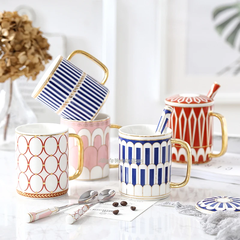 300ml modern stripe Teacup with Lid Gilded Mug Golden Ceramic Porcelain Coffee Milk Cup gilding gold-plating | Дом и сад