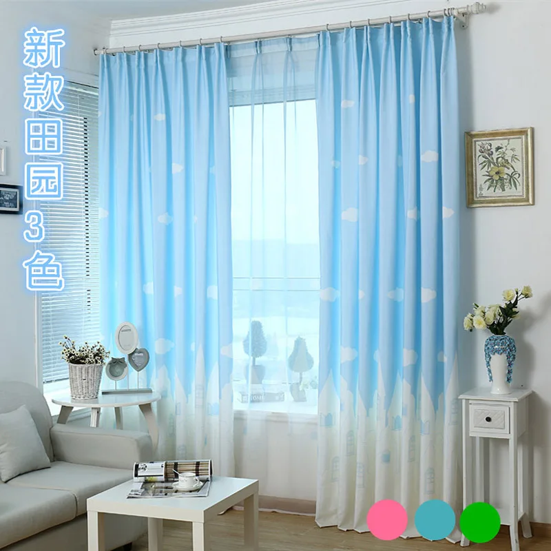 Children room decorating curtain blue tower cloud window screening