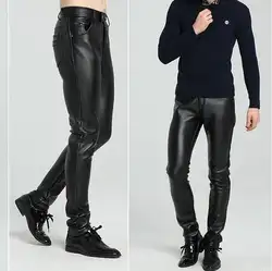 Черный на осень-зиму модные тонкие мужские брюки из искусственной кожи мотоцикл мужские брюки утолщаются ветрозащитный Штаны для мужчин