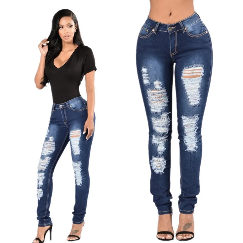 

2016 New Hot Fashion Casual Street Style Ripped Jeans Women Slim Sexy Ladies Denim Jeans Trousers Femme Plus Size Free Shipping