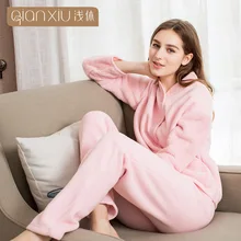 QIANXIU, пижамный комплект для женщин, утолщенный берберский флис, стоячий воротник, женские пижамы, чистый цвет, удобная зимняя теплая Пижама для женщин