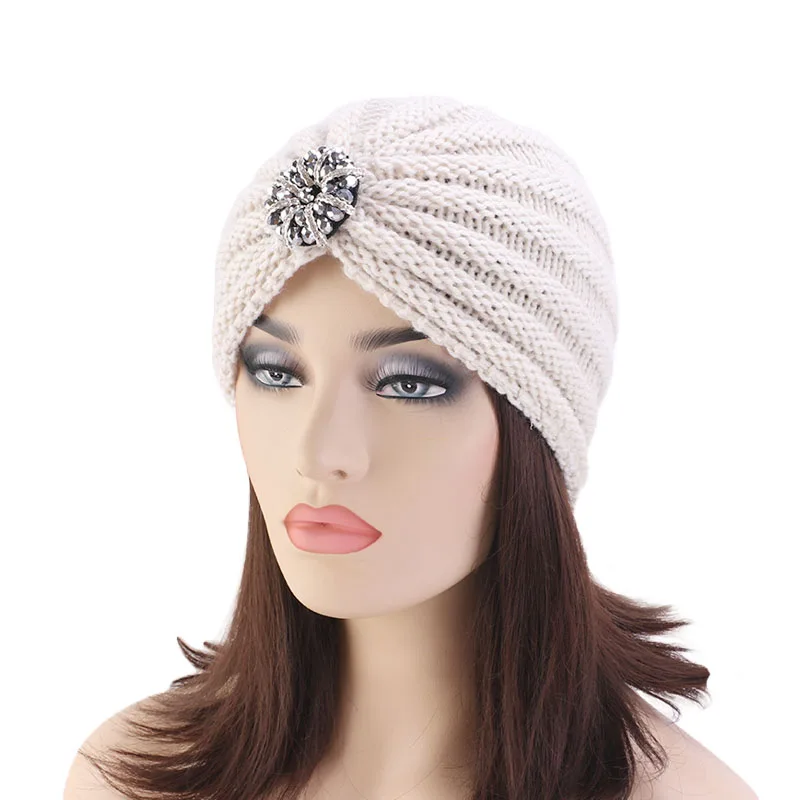 New Women Knit Turban Jeweled Beanie Headwear Witner Cap