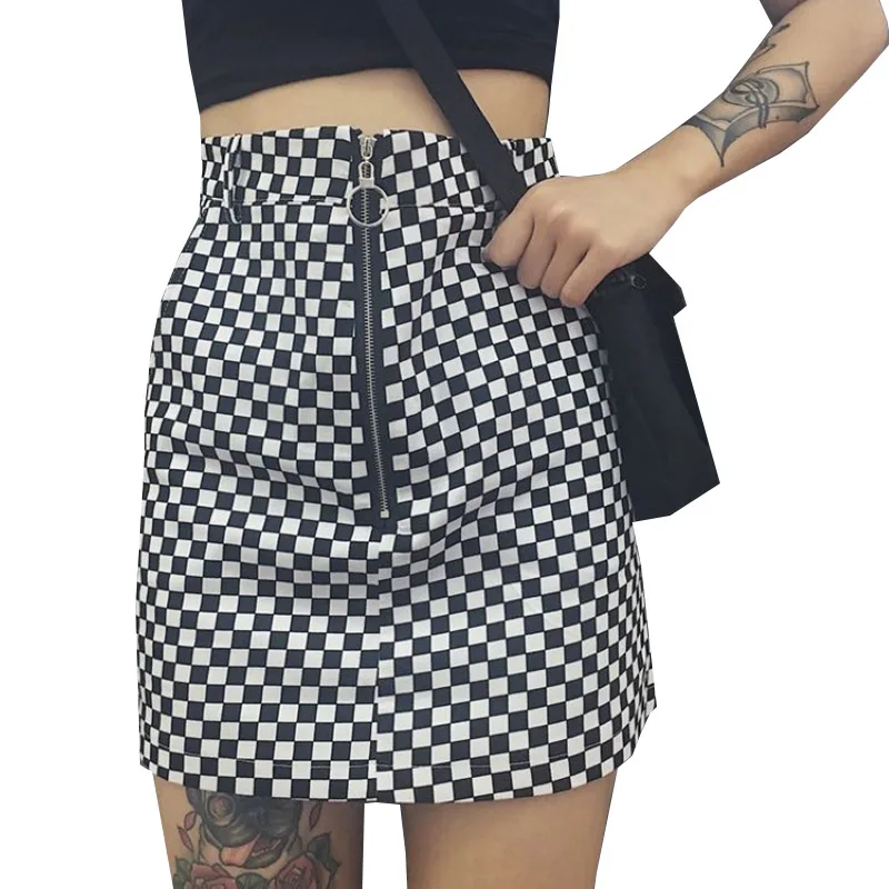 Nuevo Casual verano mujeres estilo japonés cremallera anillo A-line alta cintura Mini Faldas Mujer negro blanco teclado Plaid faldas