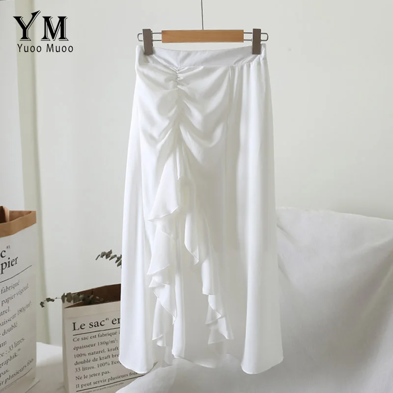 YuooMuoo элегантная юбка с высокой талией и рюшами летняя Женская Асимметричная офисная юбка однотонная длинная юбка на завязках faldas mujer - Цвет: Белый
