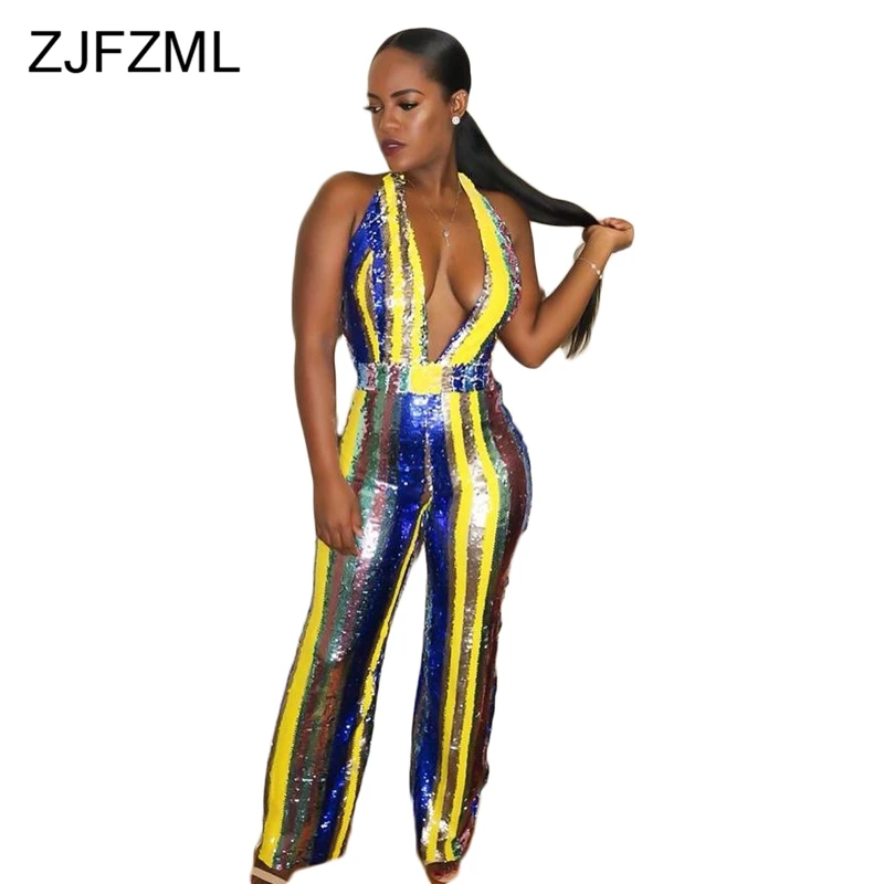 

ZJFZML Shiny Sequined Sexy Striped Jumpsuits Sleeveless Halter Deep V Neck Bandage Romper Women Femme Club Bodycon Overalls