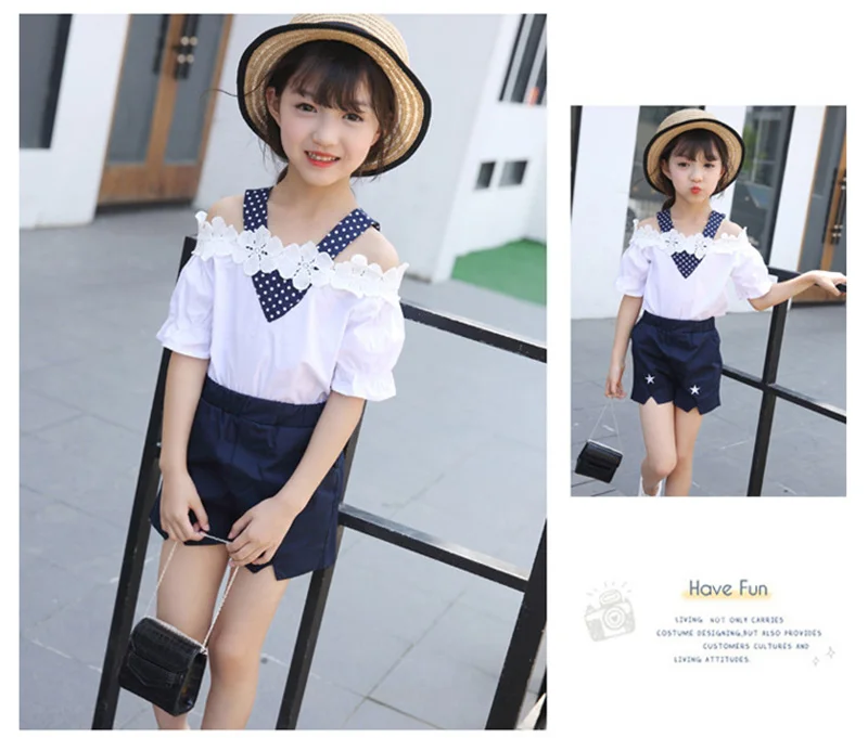 summer girls clothing sets children off-the-shoulder lace shorts pant two-piece girls clothing suit (2)