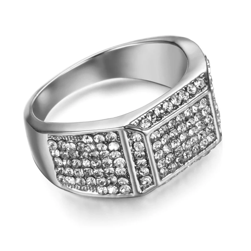 

Micro Pave Rhinestone Square Ring Silver Stainless Steel Rings Color Titanium Iced Out Bling for Men Jewelry