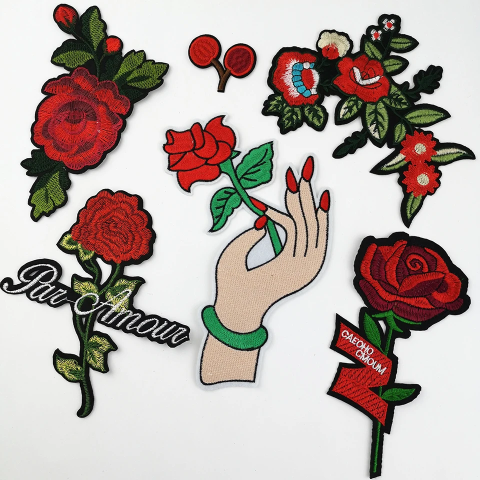 DIY Stripe Applique Iron On Patches Flowers Red Rose Embroidery Flower For Clothing Sew Badges Clothes | Дом и сад