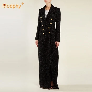 

2018 new winter women's slim coat sexy black long-sleeved lapel double-breasted Lurex long coat celebrity runway party coat