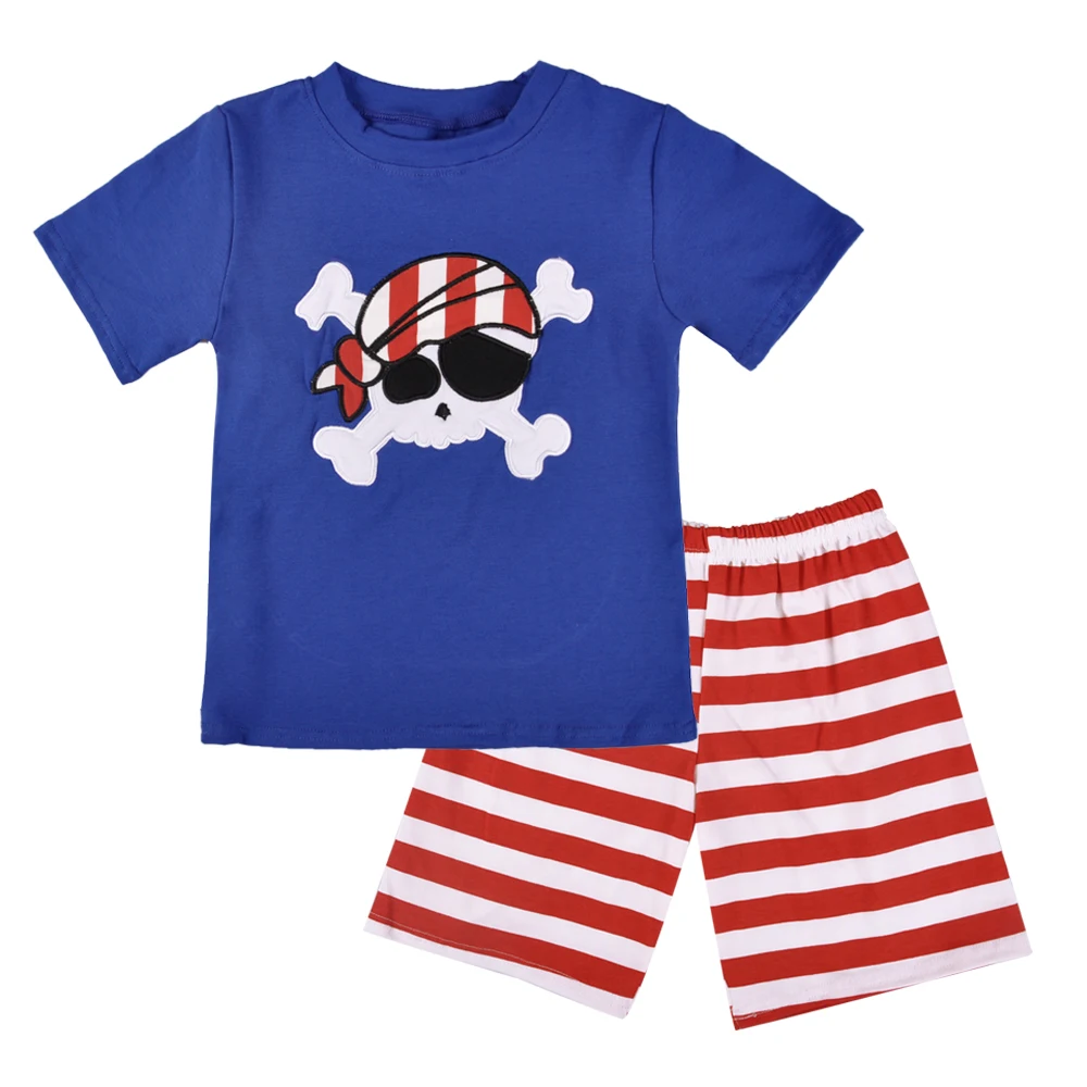 Boys Summer Blue Clothes Sets With Embroidery Shirt Red Shorts Boy
