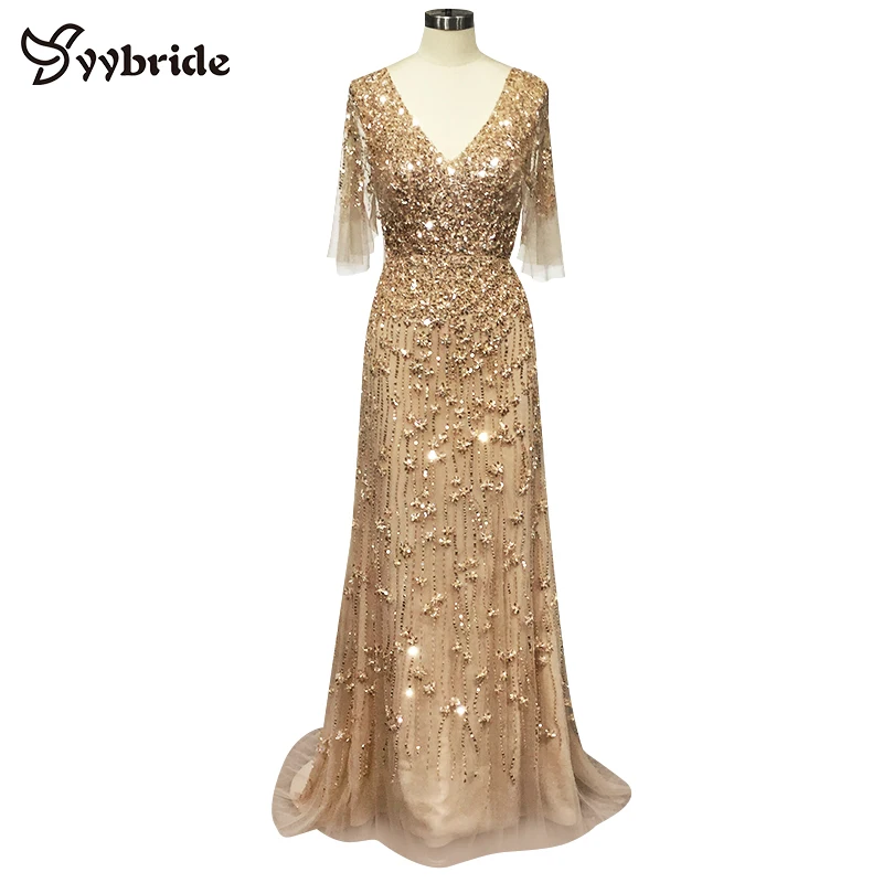 

Surmount New Design V-Neck Sexy Dresses Gold Beading Evening Dresses Embroidery Backless Straight Court Train Prom Dresses 2019