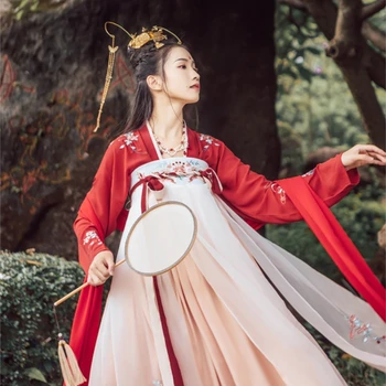 

Women Hanfu Costume Chinese Style Elegant Red Hanfu Chinese Ancient And Traditional Folk Dance Performance Costume DQL1058