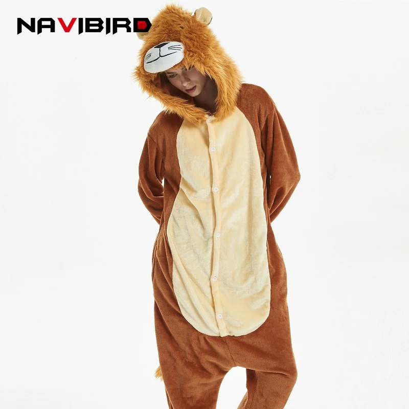 Кигуруми Лев длинный рукав с капюшоном Onesie Мужчины Женщины фланель для взрослых