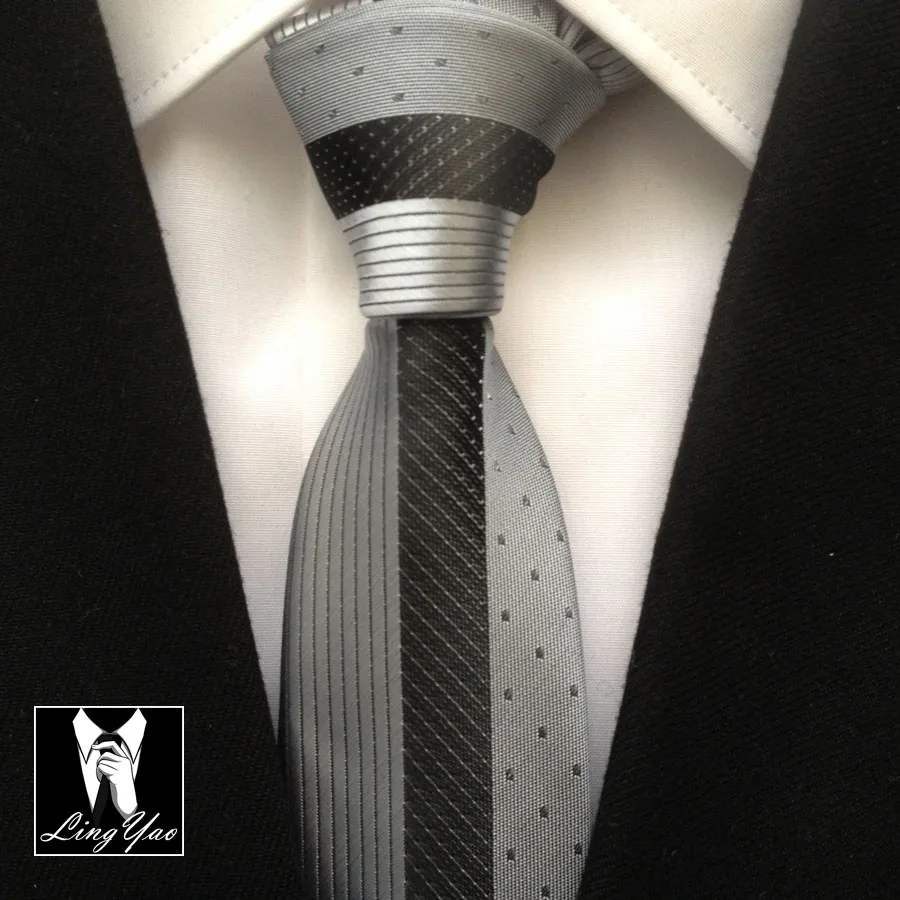 

2015 NEW design Patchwork tie novelty slim necktie red with black stripe & dots