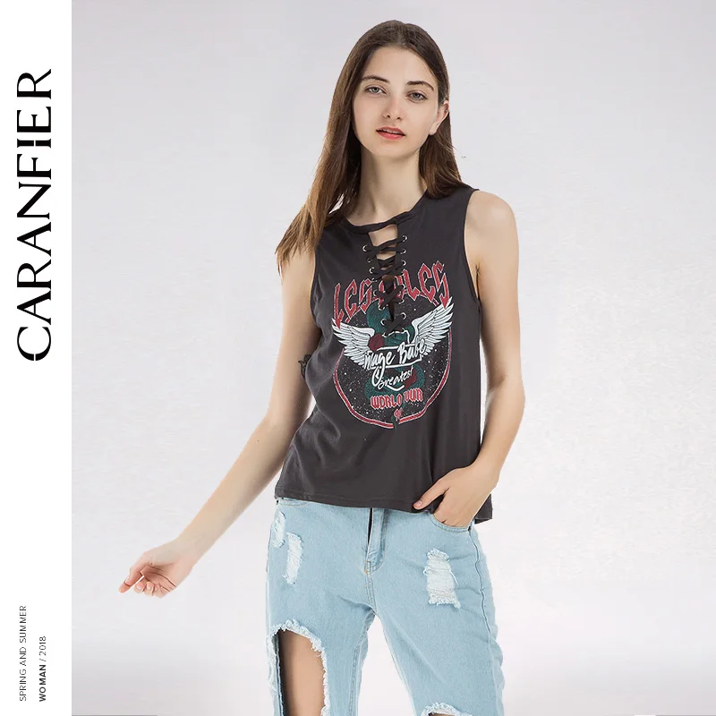 CARANFIER/женская футболка в стиле панк летающие крылья с галстуками черные летние