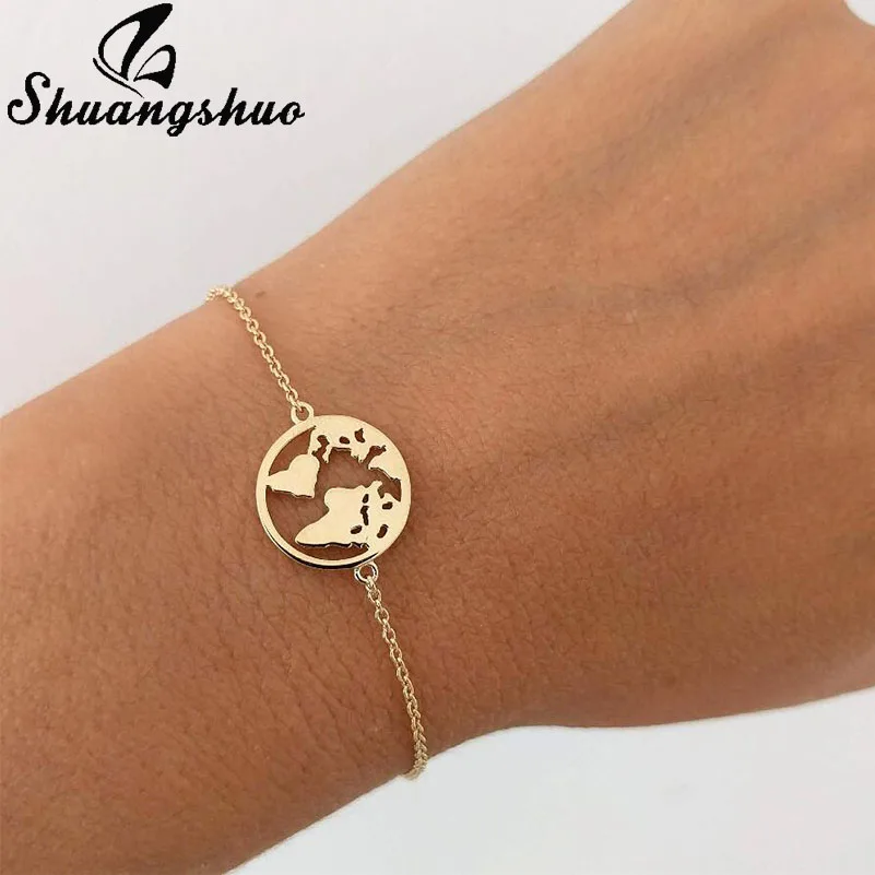 

Shuangshuo Chain Link World Map Bracelets & Bangles Jewelry Globe Bracelet Charm Travel Jewellery Gift Wanderlust Earth Bracelet