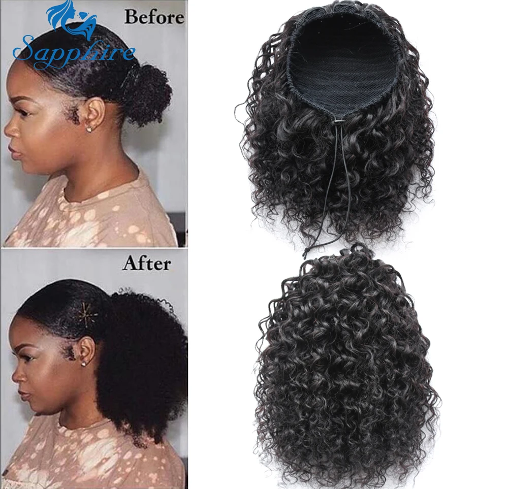

Sapphire Curly Drawstring Ponytails Extensions Mongolian Afro Kinky Curly Hair Clip In Human Hair Extensions Ponytail Remy Hair