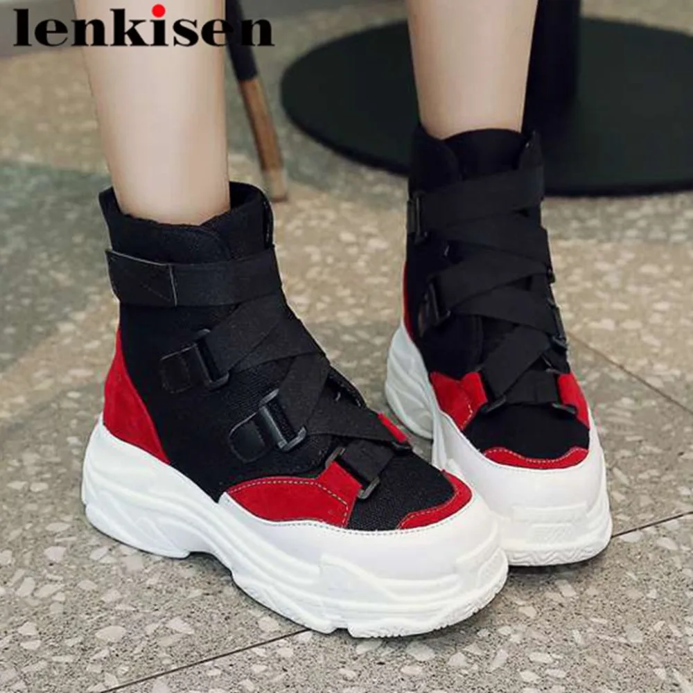 

Lenkisen mixed colors retro round toe med thick bottom platform hook&loop design new fashion runway big size mid-calf boots L49