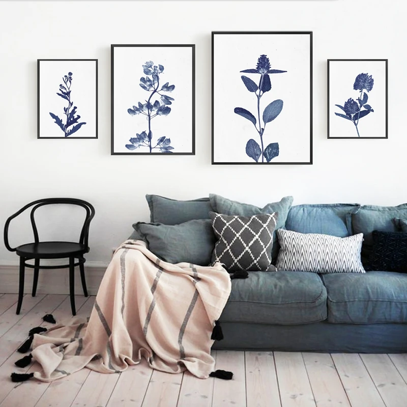 Прессованные синие дикие цветы настенные художественные картины на холсте Хэмптон стиль плакаты ботанические принты синие и белые картины Домашний декор